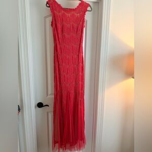 Elegant Coral Betsy Adam Lace Gown